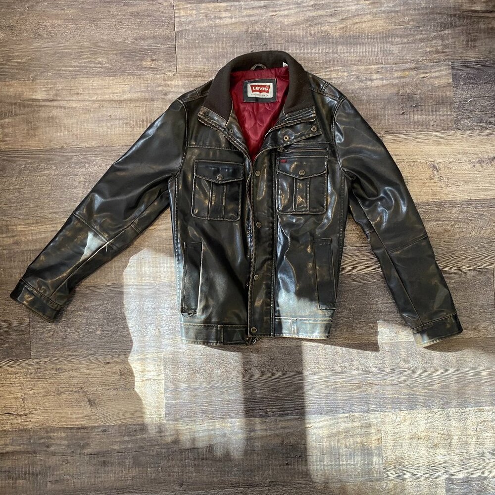 Levi's Faux Leather Bomber Jacket Brown Distressed Quilted Lined S